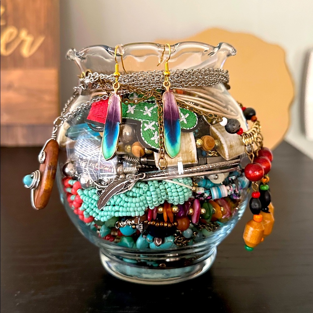 Southwest Inspired Mystery Jewelry Jar Draped With Beautiful Silver Necklace.